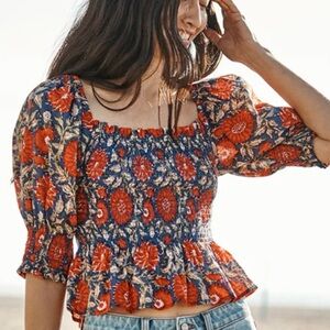 Velvet Corryn Floral Printed Cotton Top Smocked Peplum Blouse Puff Sleeves S